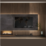 Dark Stone TV Wall with Vertical Wood Accents - 675.00. AED /Sqms