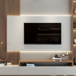 Beautiful Light Grey & Walnut Media Wall with Decorative Shelves and LED Lighting -  675.00. AED /Sqms